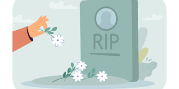 Hand putting flowers on tombstone flat vector illustration. Person mourning and visiting cemetery. Funeral ceremony, memorial, grave concept for banner, website design or landing web page